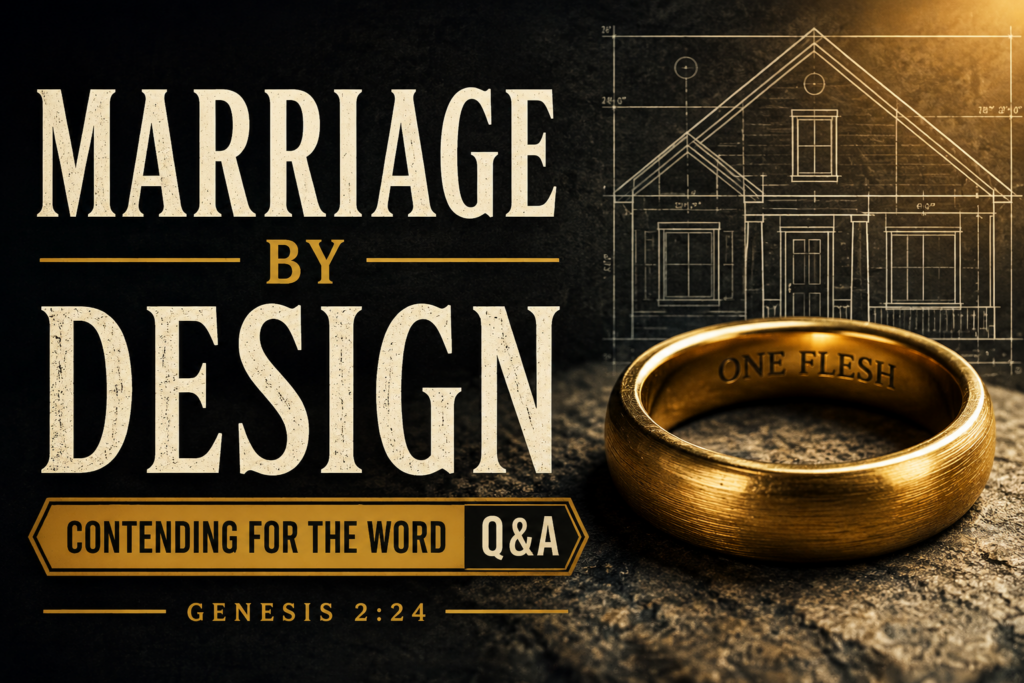 God’s Design for Marriage and Covenant Faithfulness 2 Podcast thumbnail with the text “Marriage by Design,” gold wedding rings on a dark stone surface, and a faint house blueprint in the background symbolizing God’s purpose, plan, and covenant for marriage.