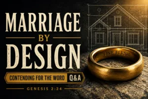 Podcast thumbnail with the text “Marriage by Design,” gold wedding rings on a dark stone surface, and a faint house blueprint in the background symbolizing God’s purpose, plan, and covenant for marriage.
