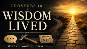 Proverbs 10 thumbnail showing a bright straight path and a darker winding path at sunrise with the words “Wisdom Lived” and symbols for words, work, and character.