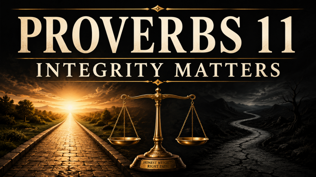 Proverbs 11: Integrity, Humility, and the Way of Righteousness 1 Proverbs 11 thumbnail showing a gold balance scale between a bright straight path and a dark crooked path with the text “Proverbs 11: Integrity Matters.”