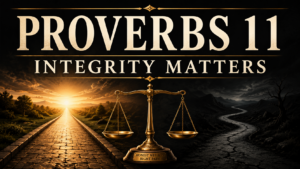 Proverbs 11 thumbnail showing a gold balance scale between a bright straight path and a dark crooked path with the text “Proverbs 11: Integrity Matters.”