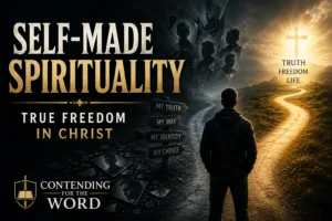 A man stands at a crossroads between a dark path of shattered mirrors and self-made identity and a golden path leading to a cross, illustrating true freedom in Christ.
