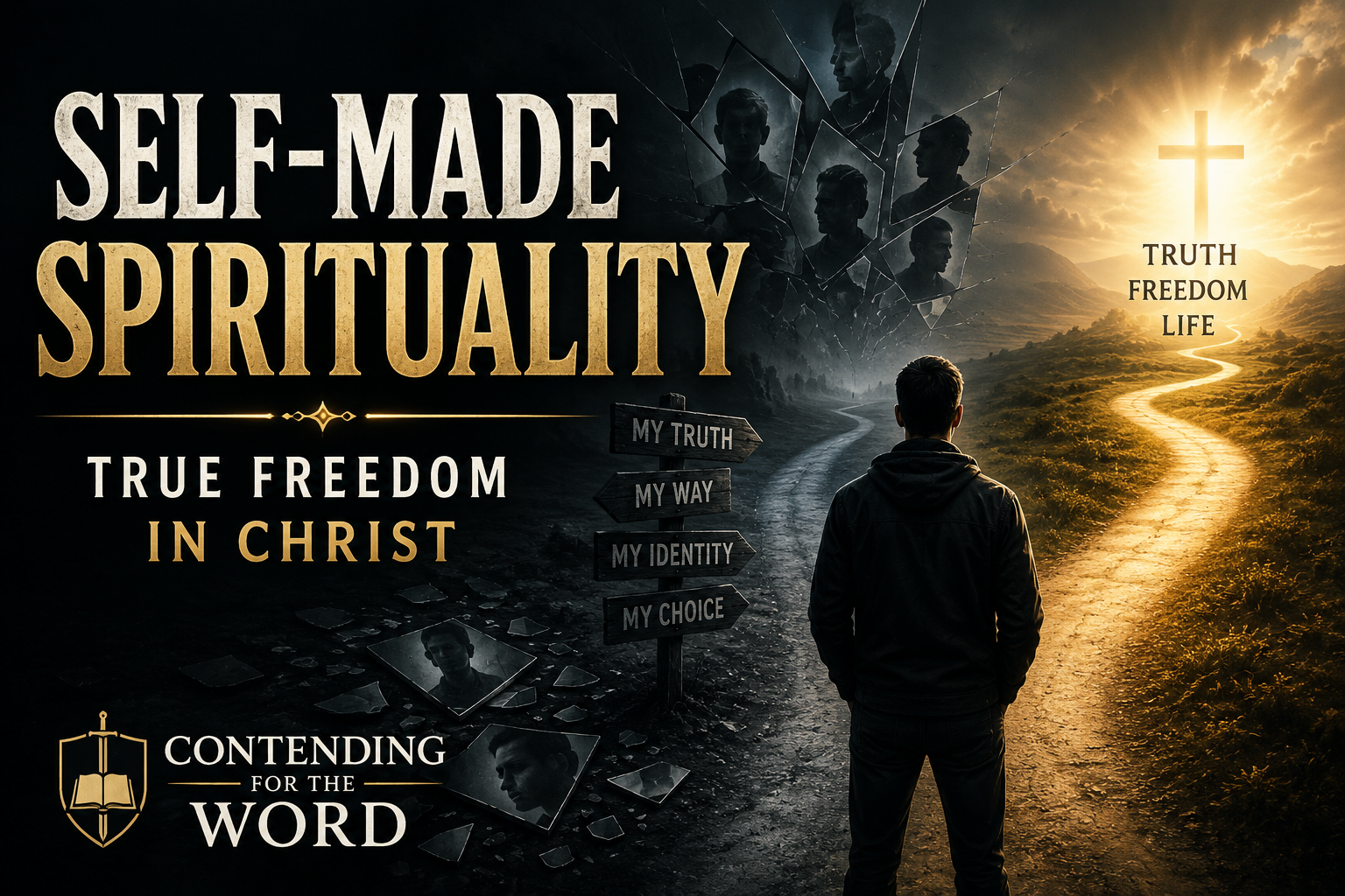 A man stands at a crossroads between a dark path of shattered mirrors and self-made identity and a golden path leading to a cross, illustrating true freedom in Christ.