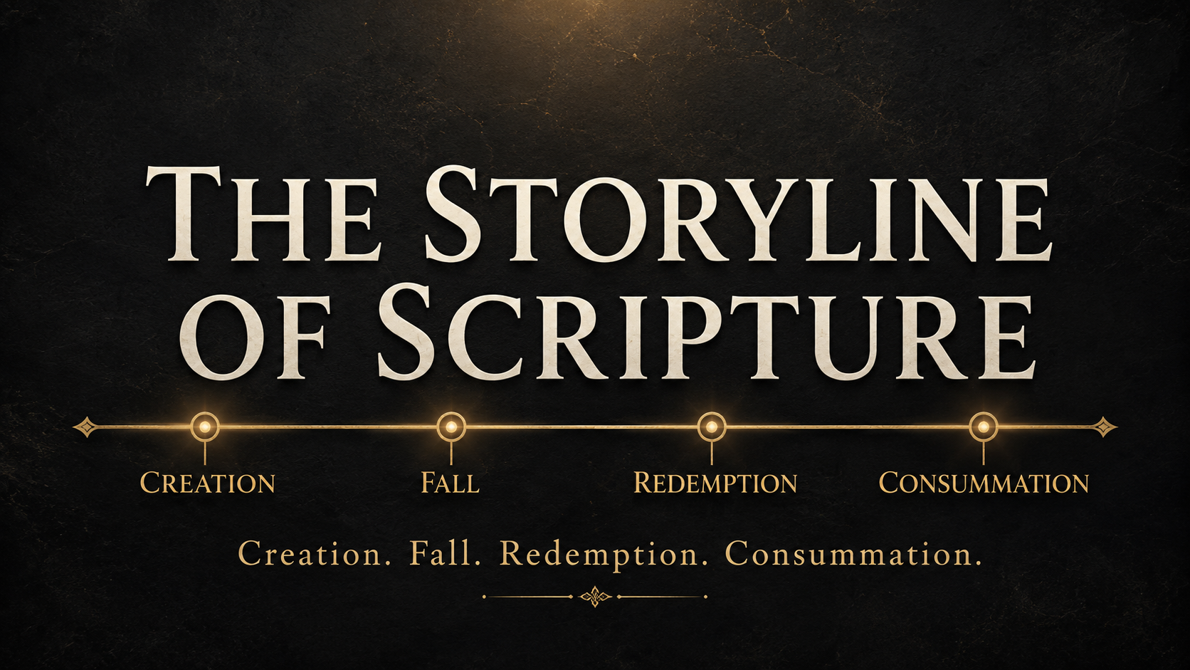 The Storyline of Scripture thumbnail with a charcoal textured background, cream serif title text, and a gold timeline highlighting creation, fall, redemption, and consummation.