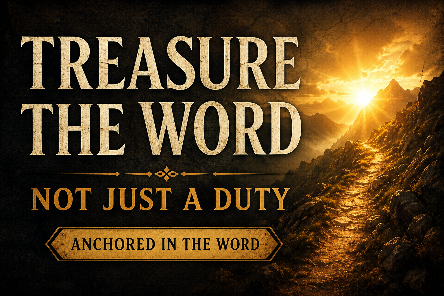 A thumbnail for Anchored in the Word featuring the text “TREASURE THE WORD” and “NOT JUST A DUTY” in large cream serif lettering. A rugged mountain trail winds through rocky terrain toward a brilliant golden sunrise on the horizon. The scene is framed by a deep charcoal textured background with muted gold accents and a parchment-style banner reading “ANCHORED IN THE WORD.” The overall atmosphere is reflective, hopeful, and focused on the spiritual treasure of God's Word.