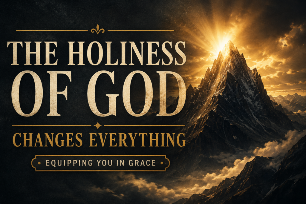 The Holiness of God: Why Everything Changes When We See God Rightly 2 A towering mountain peak rises above dark clouds as brilliant golden light breaks across the horizon, symbolizing the holiness and majesty of God. Cream serif text reads "The Holiness of God Changes Everything" with muted gold accents on a deep charcoal textured background.
