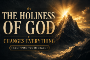 A towering mountain peak rises above dark clouds as brilliant golden light breaks across the horizon, symbolizing the holiness and majesty of God. Cream serif text reads "The Holiness of God Changes Everything" with muted gold accents on a deep charcoal textured background.
