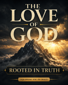 A towering mountain peak rises above dark clouds as golden light breaks across the horizon, symbolizing the holy, steadfast, and truth-filled love of God, with cream serif text reading "The Love of God Rooted in Truth."