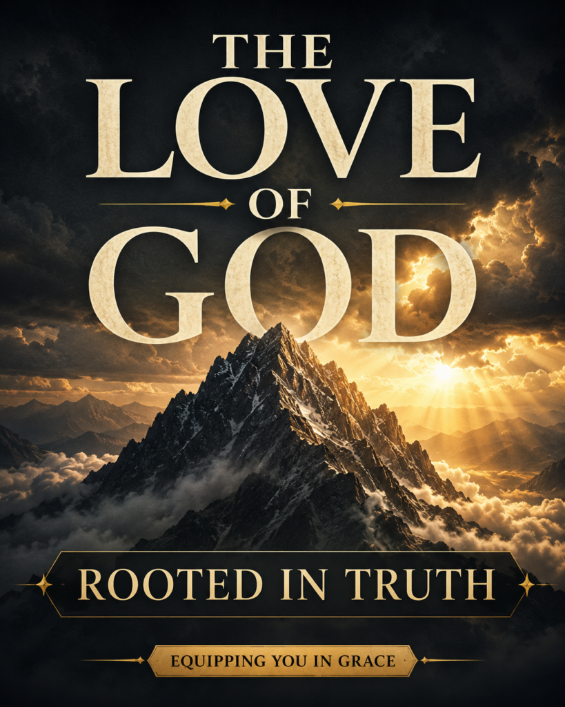 A towering mountain peak rises above dark clouds as golden light breaks across the horizon, symbolizing the holy, steadfast, and truth-filled love of God, with cream serif text reading "The Love of God Rooted in Truth."