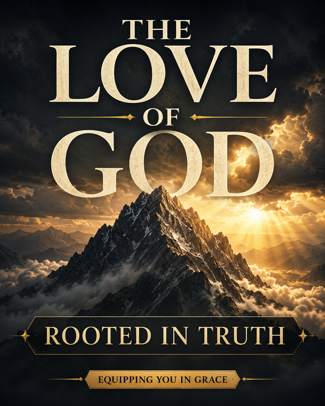 A towering mountain peak rises above dark clouds as golden light breaks across the horizon, symbolizing the holy, steadfast, and truth-filled love of God, with cream serif text reading "The Love of God Rooted in Truth."