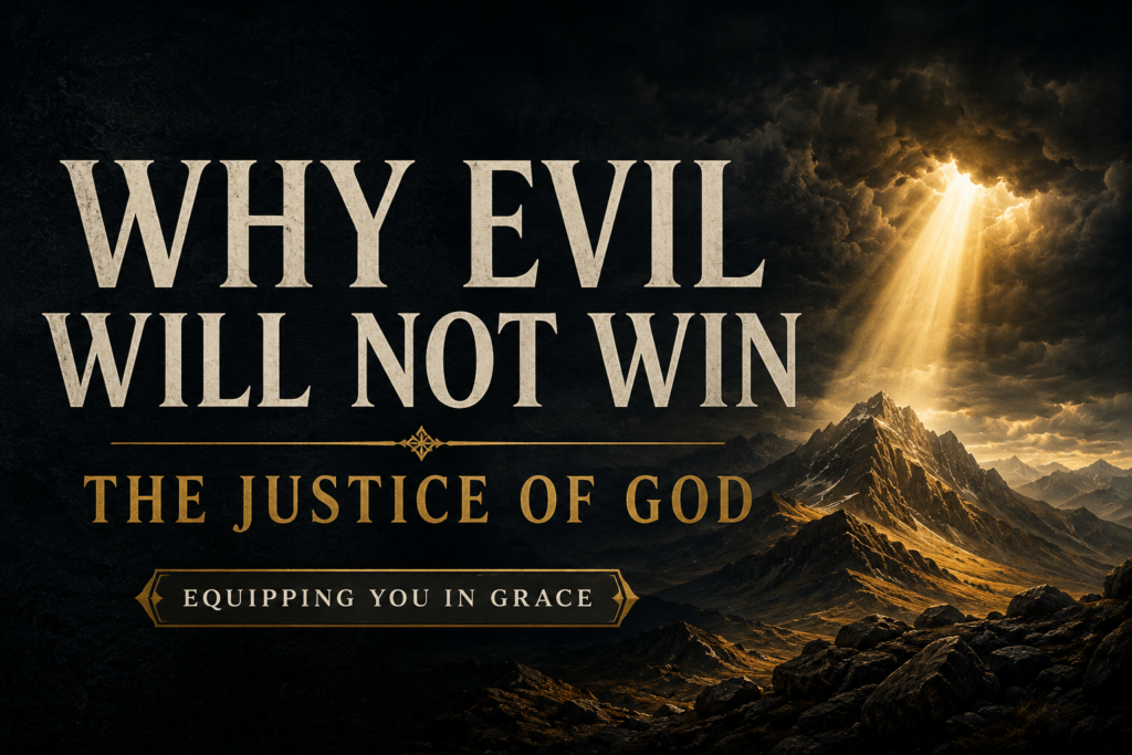 A dramatic mountain range stretches beneath dark storm clouds as a powerful beam of golden light breaks through the darkness, illuminating rugged peaks and valleys. Cream serif text reads “WHY EVIL WILL NOT WIN” above “THE JUSTICE OF GOD,” with a small banner reading “EQUIPPING YOU IN GRACE.” The image conveys God's justice, hope, and the triumph of truth over evil.