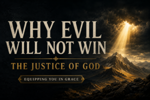 A dramatic mountain range stretches beneath dark storm clouds as a powerful beam of golden light breaks through the darkness, illuminating rugged peaks and valleys. Cream serif text reads “WHY EVIL WILL NOT WIN” above “THE JUSTICE OF GOD,” with a small banner reading “EQUIPPING YOU IN GRACE.” The image conveys God's justice, hope, and the triumph of truth over evil.