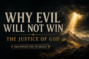 A dramatic mountain range stretches beneath dark storm clouds as a powerful beam of golden light breaks through the darkness, illuminating rugged peaks and valleys. Cream serif text reads “WHY EVIL WILL NOT WIN” above “THE JUSTICE OF GOD,” with a small banner reading “EQUIPPING YOU IN GRACE.” The image conveys God's justice, hope, and the triumph of truth over evil.