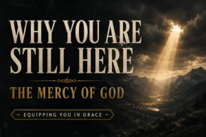 Dramatic mountain valley beneath dark storm clouds with a single beam of golden light breaking through the darkness, illuminating the distant landscape. Cream serif typography and muted gold accents emphasize God's mercy, hope, and sustaining grace against a deep charcoal textured background.