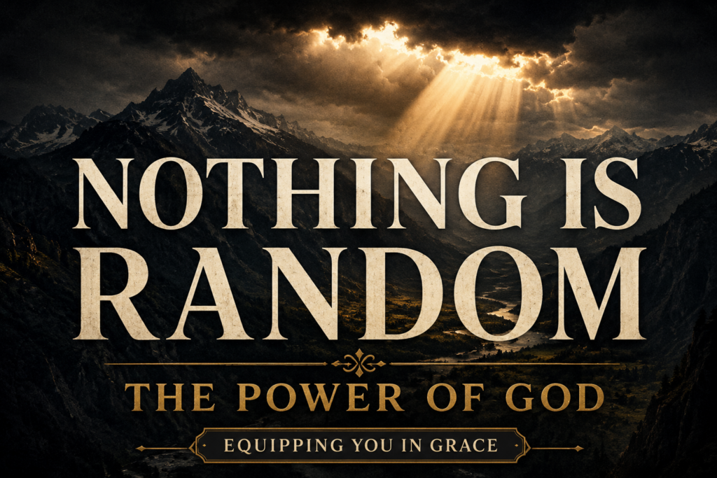 The Power of God: Why Nothing in Your Life Is Random 1 Dramatic Christian podcast thumbnail featuring a dark mountain range beneath storm clouds with a brilliant beam of golden light breaking through the darkness and illuminating a vast valley. Large cream serif text reads “NOTHING IS RANDOM,” with gold text below stating “THE POWER OF GOD.” A small banner at the bottom reads “EQUIPPING YOU IN GRACE.” The design uses deep charcoal tones, muted gold accents, and strong contrast to emphasize God's sovereignty and power.