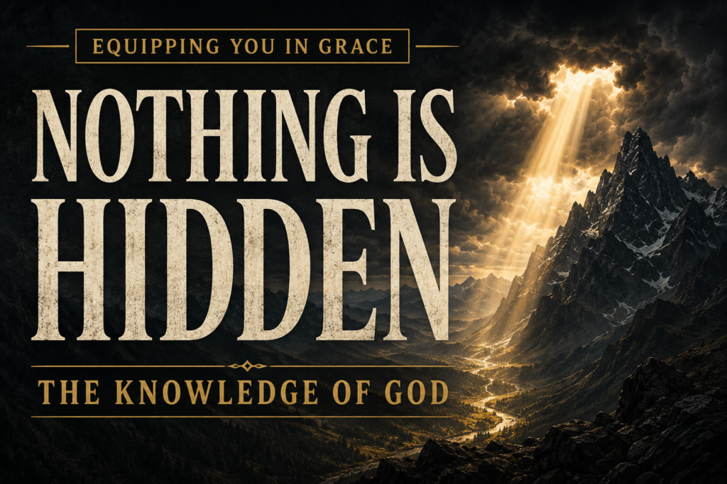 Fully Known, Never Forgotten: The Knowledge of God 1 Deep charcoal mountain landscape beneath dramatic storm clouds with a brilliant beam of golden light breaking through the darkness and illuminating a winding valley below. Large cream serif text reads “Nothing Is Hidden” with “The Knowledge of God” beneath it and an Equipping You in Grace banner at the top. The image conveys God's perfect knowledge, holiness, and sovereign awareness of all things.