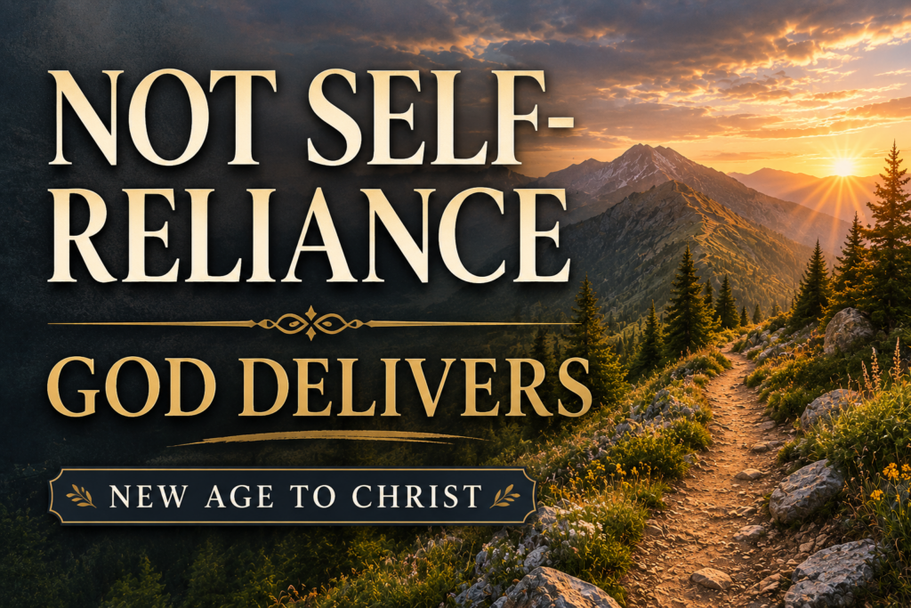 God Our Deliverer: Rescued from Darkness, Sustained by Grace 2 Mountain hiking trail winding along a rugged ridgeline at sunrise, with golden light illuminating distant peaks beneath dramatic clouds. Large cream serif text reads “NOT SELF-RELIANCE” above “GOD DELIVERS,” with a small “NEW AGE TO CHRIST” banner at the bottom. The scene conveys trusting God rather than relying on personal strength, using warm gold, charcoal, and earth tones.