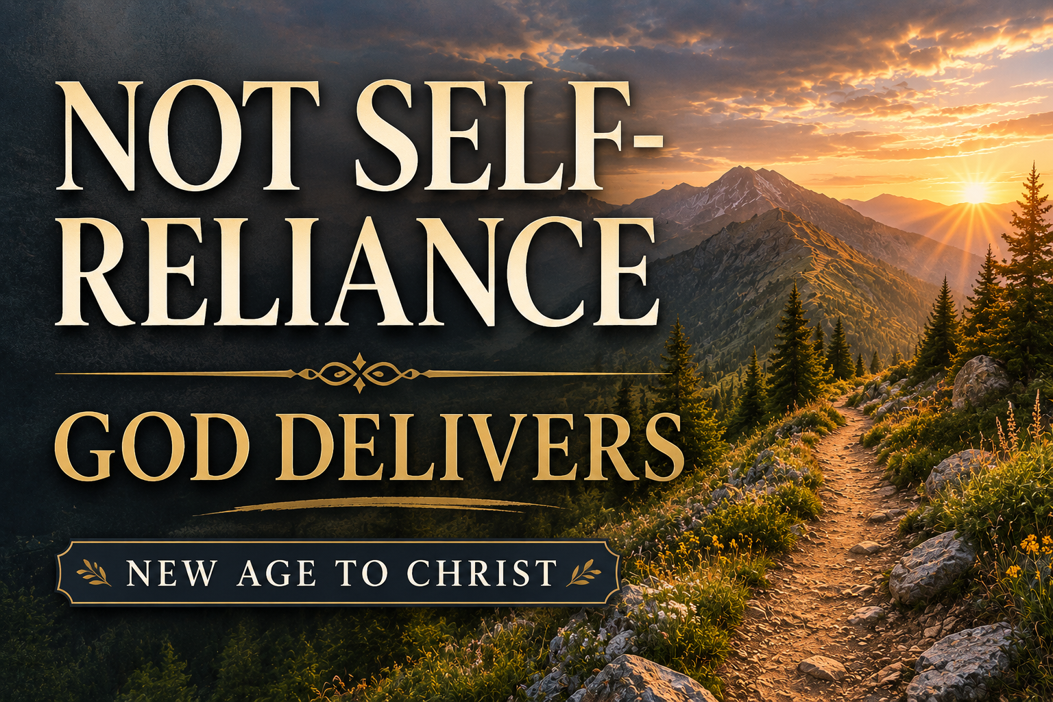 Mountain hiking trail winding along a rugged ridgeline at sunrise, with golden light illuminating distant peaks beneath dramatic clouds. Large cream serif text reads “NOT SELF-RELIANCE” above “GOD DELIVERS,” with a small “NEW AGE TO CHRIST” banner at the bottom. The scene conveys trusting God rather than relying on personal strength, using warm gold, charcoal, and earth tones.