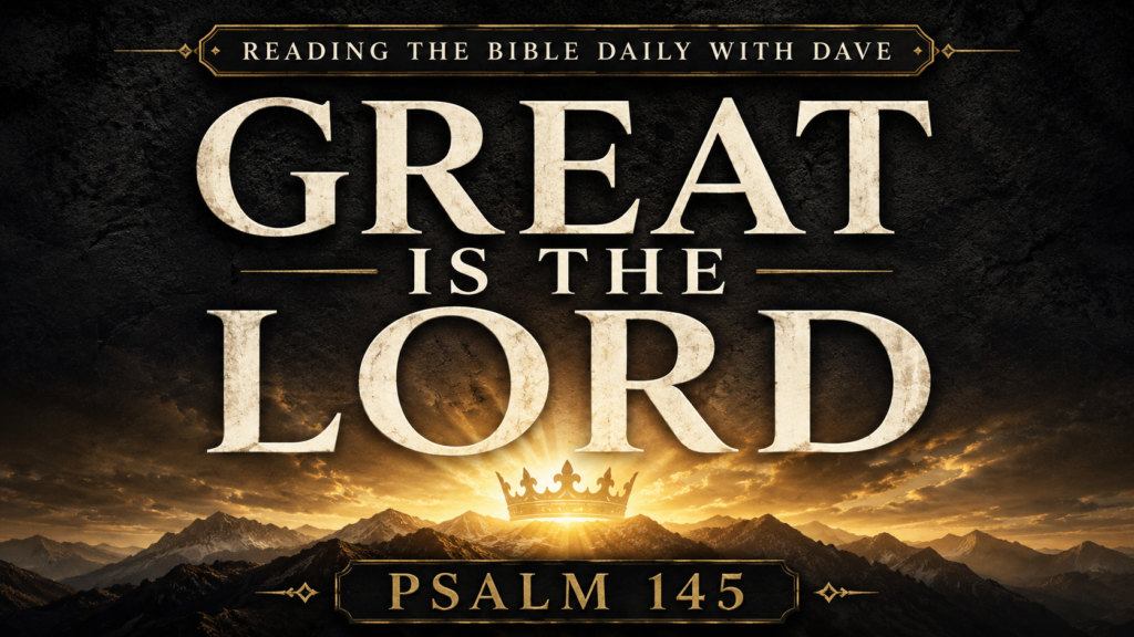 Psalm 145: Great Is the Lord and Greatly to Be Praised 1 Thumbnail for Psalm 145 featuring the words “Great Is the Lord” over a dark mountain landscape with golden light, a subtle crown, and the title “Reading the Bible Daily with Dave.”