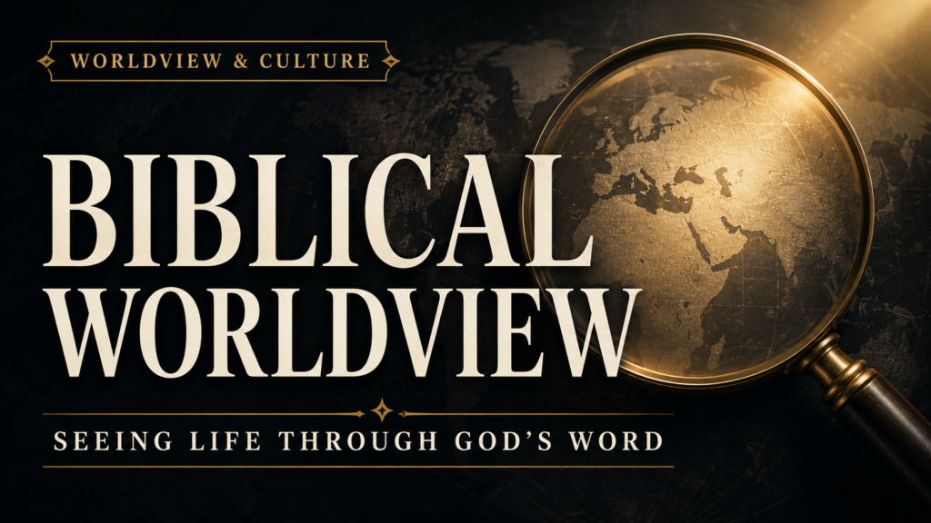 Biblical worldview thumbnail with a magnifying glass illuminating a world map, emphasizing seeing life through God’s Word.