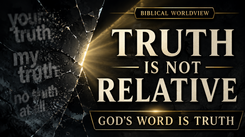 Dark YouTube thumbnail with shattered glass on the left over blurred phrases like “your truth,” “my truth,” and “no truth at all,” a beam of gold light breaking through the center, and large cream serif text on the right reading “TRUTH IS NOT RELATIVE,” with banners reading “BIBLICAL WORLDVIEW” and “GOD’S WORD IS TRUTH.”