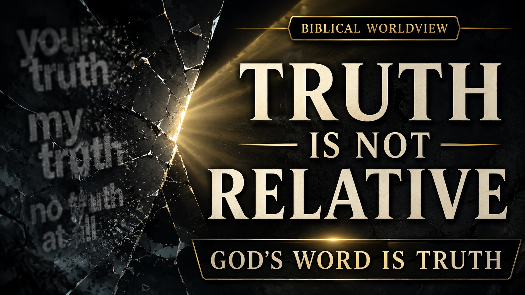 Dark YouTube thumbnail with shattered glass on the left over blurred phrases like “your truth,” “my truth,” and “no truth at all,” a beam of gold light breaking through the center, and large cream serif text on the right reading “TRUTH IS NOT RELATIVE,” with banners reading “BIBLICAL WORLDVIEW” and “GOD’S WORD IS TRUTH.”