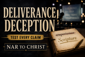 Thumbnail graphic with the words “Deliverance Deception,” “Test Every Claim,” and “NAR to Christ,” featuring a dark stage backdrop, microphone, and parchment emphasizing Scripture over experience.