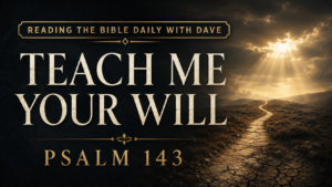 Thumbnail for Psalm 143 showing a narrow path through barren ground beneath golden light breaking through dark clouds, with text reading “Teach Me Your Will.”