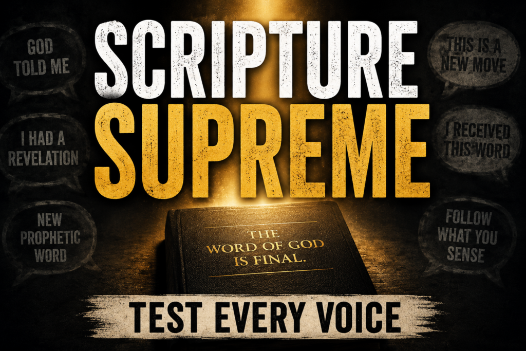 Why Scripture Must Remain Supreme in the Christian Life 2 Dark charcoal thumbnail with bold text reading “Scripture Supreme” and “Test Every Voice,” surrounded by shadowy speech bubbles about new revelation and a glowing closed book labeled “The Word of God is Final