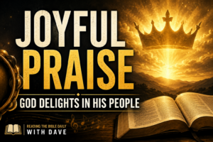 High-contrast Psalm 149 thumbnail with bold text reading “Joyful Praise” and “God Delights in His People,” featuring a glowing crown, tambourine, musical notes, and an open Bible in a warm gold and charcoal design.