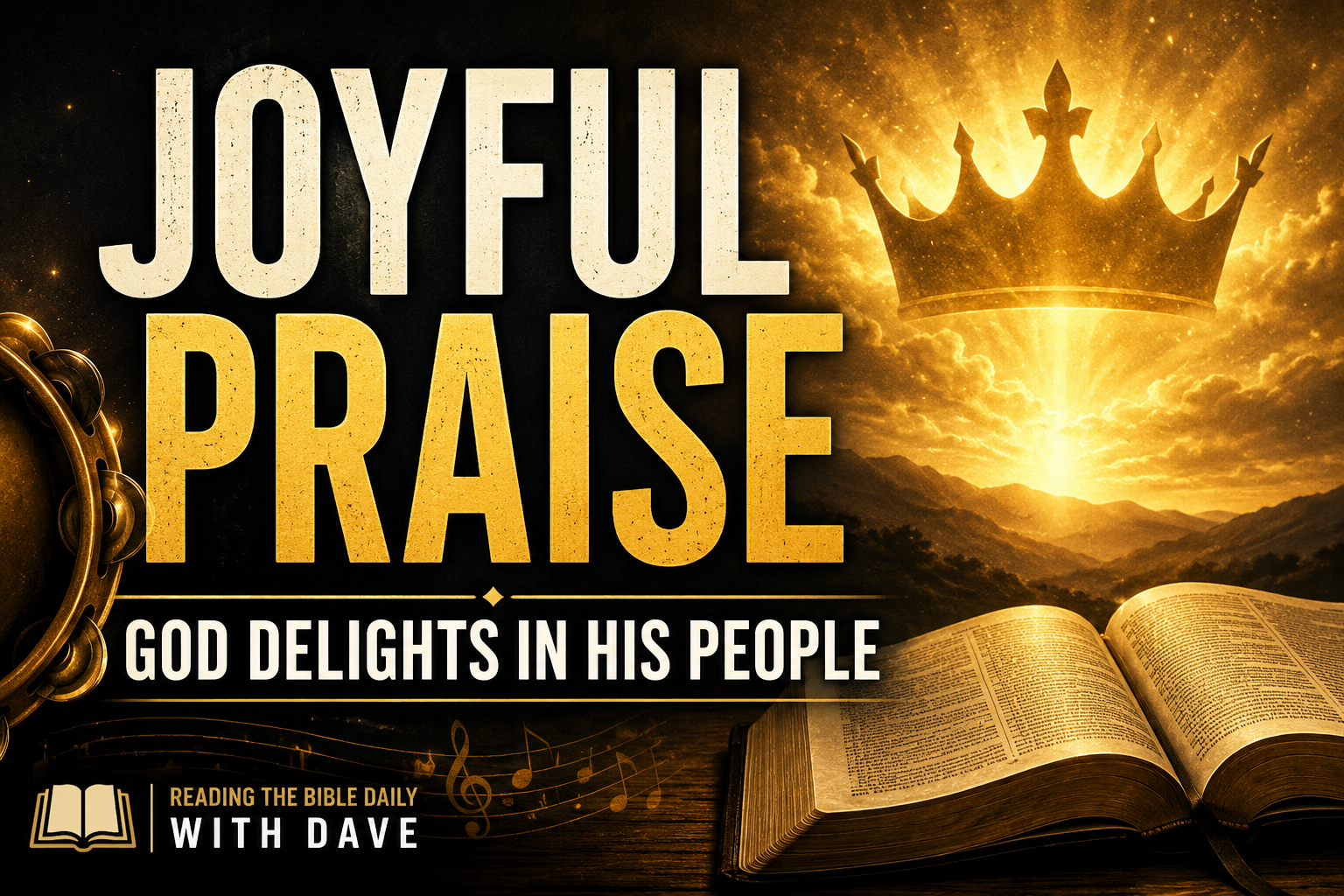 High-contrast Psalm 149 thumbnail with bold text reading “Joyful Praise” and “God Delights in His People,” featuring a glowing crown, tambourine, musical notes, and an open Bible in a warm gold and charcoal design.
