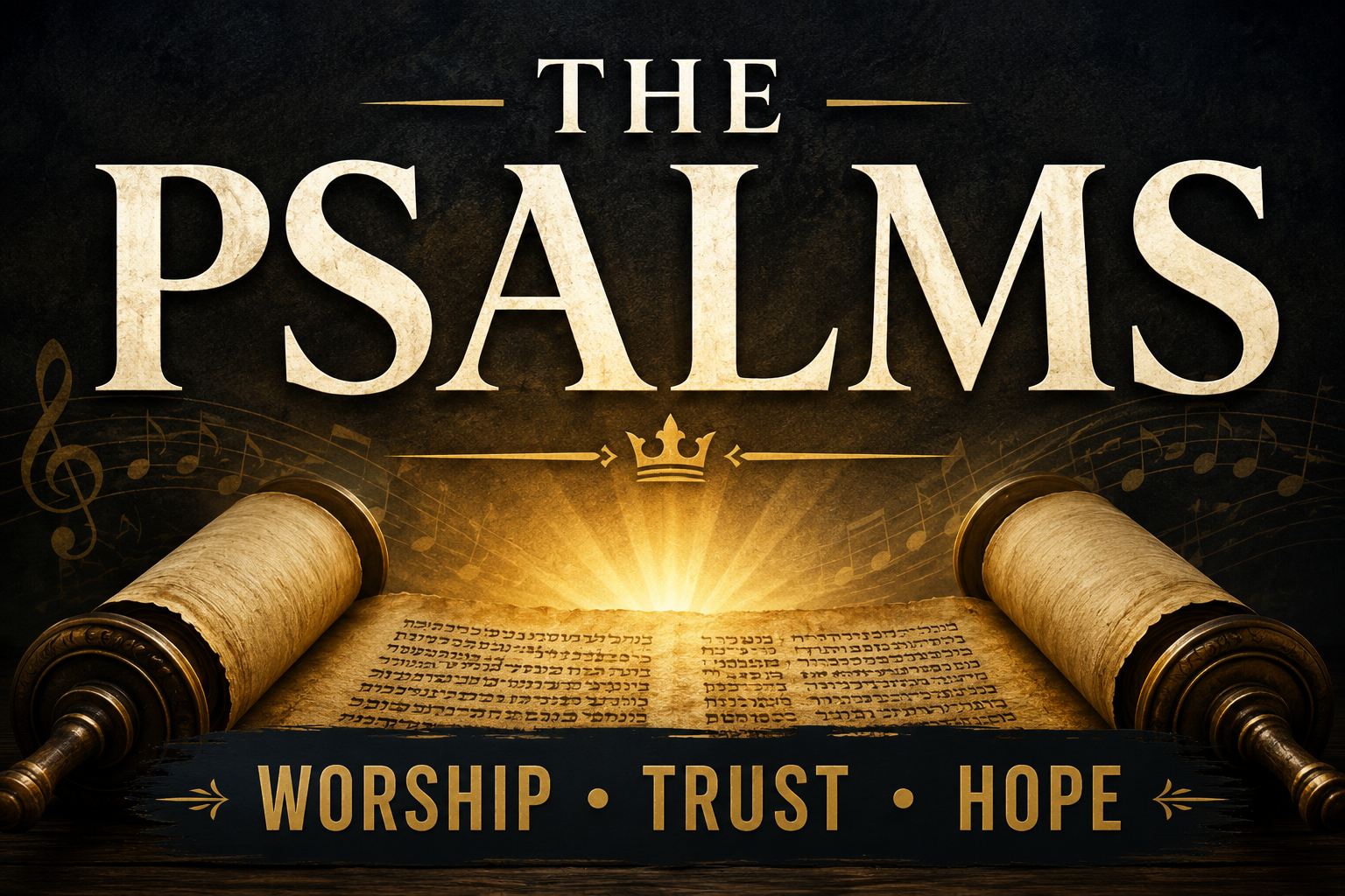 Alt text: A dramatic thumbnail for an overview of the Psalms, featuring large cream-colored text reading “The Psalms,” a glowing ancient scroll, faint musical notes, and the words “Worship, Trust, Hope” in gold on a dark background.