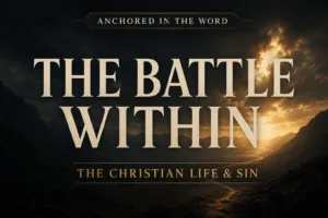 A Christian podcast thumbnail featuring the title “THE BATTLE WITHIN” in large cream-colored serif lettering over a dark mountain valley. Golden light breaks through dramatic clouds on the horizon, illuminating a winding path through the valley. At the top, a banner reads “ANCHORED IN THE WORD,” and below the title appears the subtitle “THE CHRISTIAN LIFE & SIN.” The image conveys the ongoing spiritual struggle of the believer and the hope of God's grace shining through the darkness.