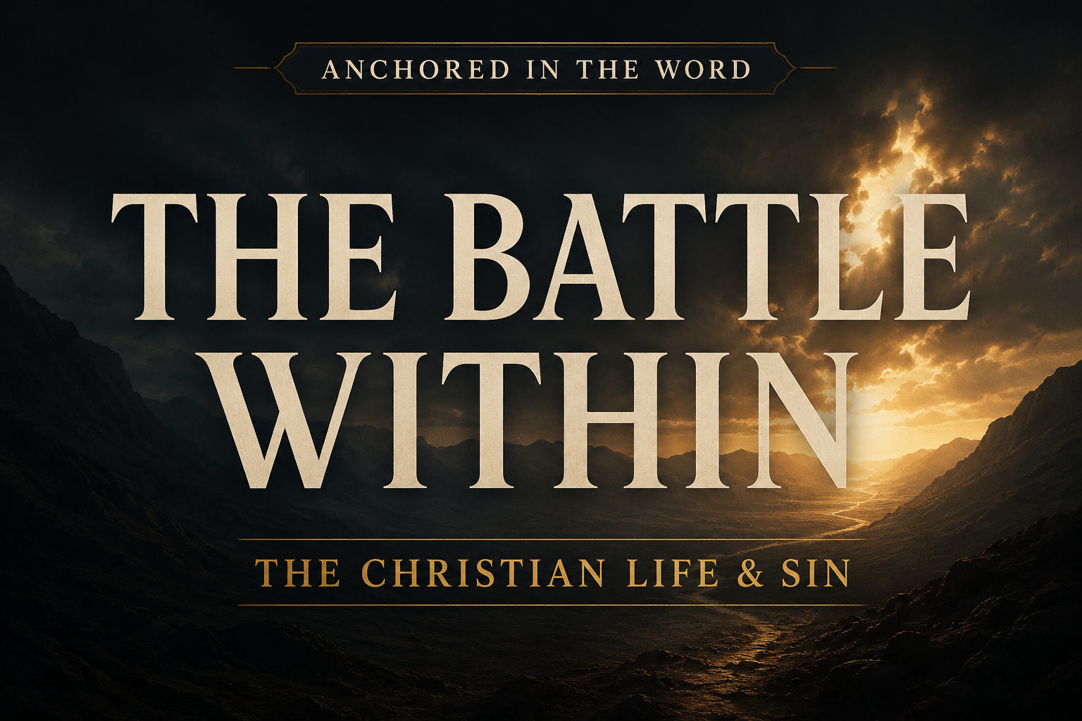 A Christian podcast thumbnail featuring the title “THE BATTLE WITHIN” in large cream-colored serif lettering over a dark mountain valley. Golden light breaks through dramatic clouds on the horizon, illuminating a winding path through the valley. At the top, a banner reads “ANCHORED IN THE WORD,” and below the title appears the subtitle “THE CHRISTIAN LIFE & SIN.” The image conveys the ongoing spiritual struggle of the believer and the hope of God's grace shining through the darkness.