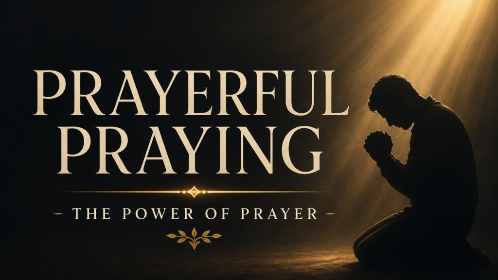 Prayerful Praying: The Discipline and Power of Christian Prayer 1 Silhouette kneeling in prayer beneath warm golden light with the words “Prayerful Praying: The Power of Prayer.