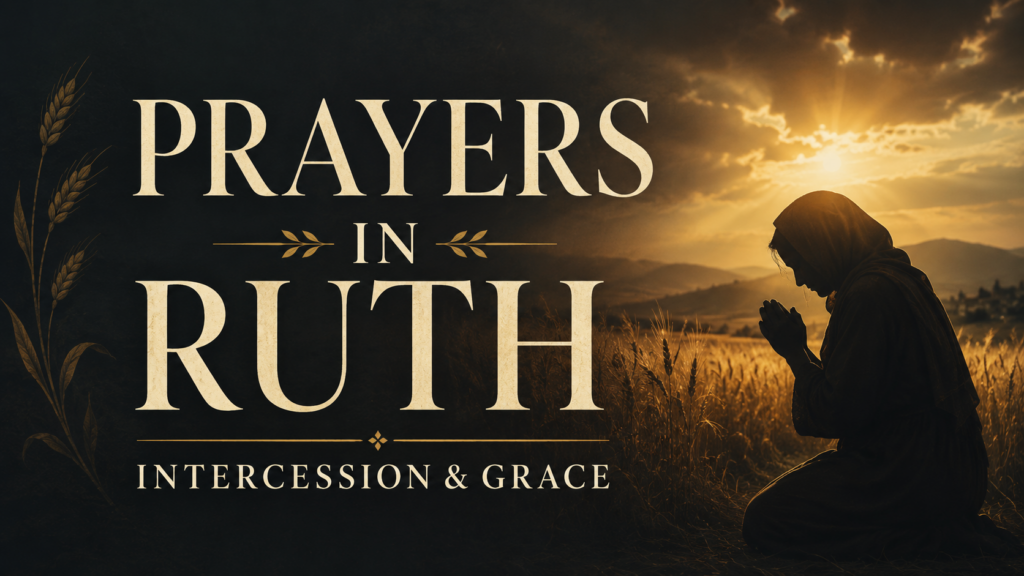 Prayers in Ruth image featuring a kneeling silhouette praying in a golden barley field at dusk with text reading Intercession and Grace.