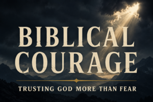 Thumbnail for a Warriors of Grace episode titled “Biblical Courage: Trusting God More Than Fear.” A dramatic mountain ridge silhouette sits beneath dark storm clouds with a powerful beam of golden light breaking through from above. Large cream-colored serif text reads “Biblical Courage,” with a muted gold accent line and the subtitle “Trusting God More Than Fear.” The design conveys steadfast faith, perseverance, and confidence in God's presence and promises.