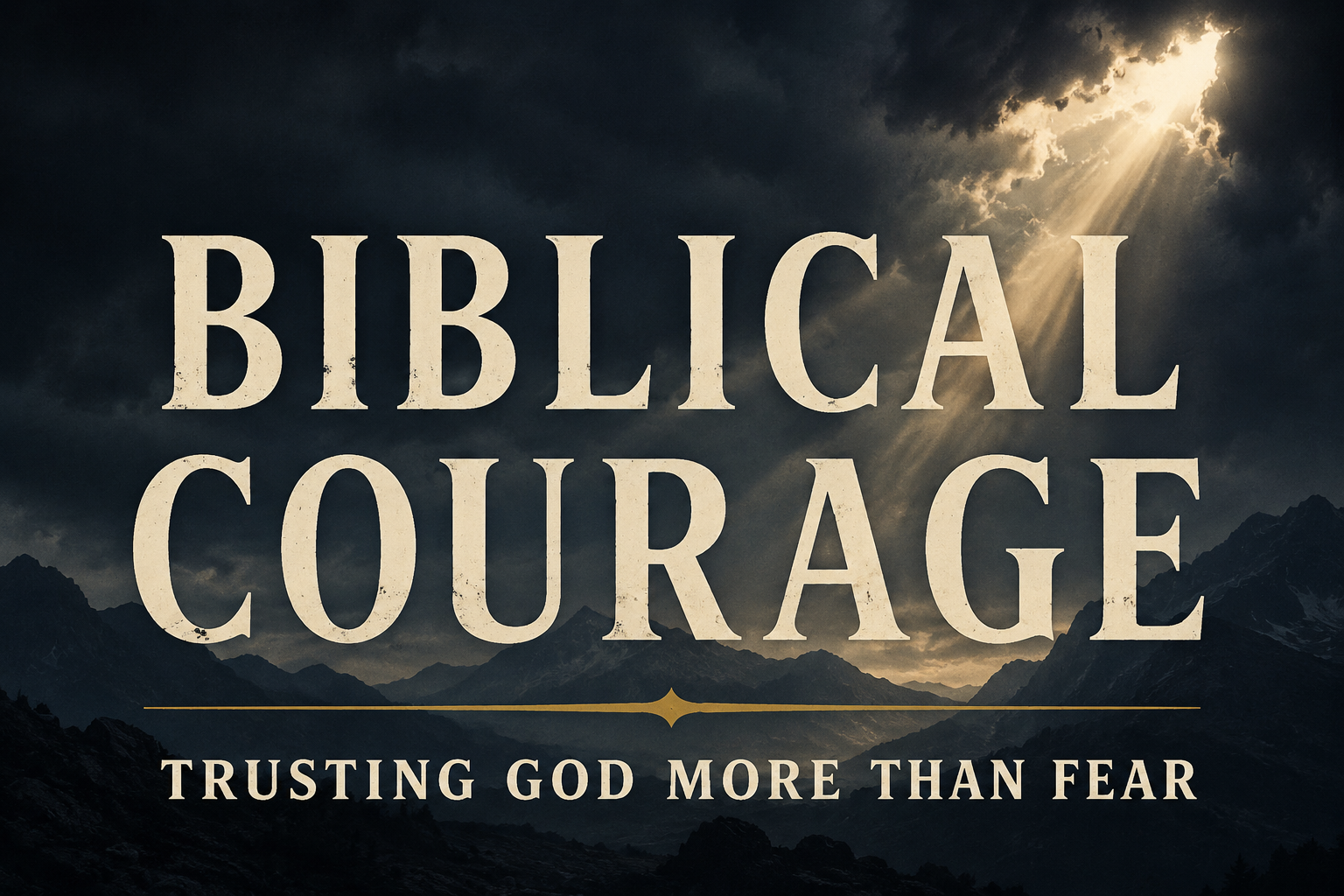 Thumbnail for a Warriors of Grace episode titled “Biblical Courage: Trusting God More Than Fear.” A dramatic mountain ridge silhouette sits beneath dark storm clouds with a powerful beam of golden light breaking through from above. Large cream-colored serif text reads “Biblical Courage,” with a muted gold accent line and the subtitle “Trusting God More Than Fear.” The design conveys steadfast faith, perseverance, and confidence in God's presence and promises.