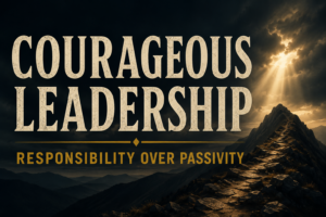 A dramatic mountain ridge rises beneath dark storm clouds as a bright beam of light breaks through the sky, illuminating the path ahead. Large cream-colored text reads “Courageous Leadership,” with the subtitle “Responsibility Over Passivity” in muted gold. The image conveys biblical courage, faithful leadership, steadfastness, and taking responsibility in the face of difficulty.