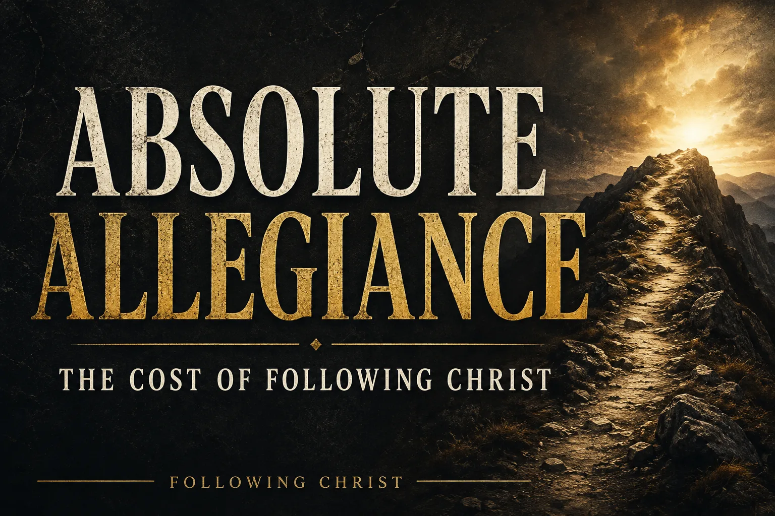 Absolute Allegiance to Christ thumbnail with cream and gold text over a dark charcoal background beside a rugged mountain path leading toward a bright horizon.