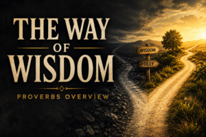 Forked path dividing between darkness and golden light beneath the words “The Way of Wisdom,” illustrating the contrast between wisdom and folly in the Book of Proverbs.