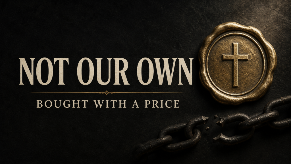 We are not our own, bought with a price, represented by a gold cross seal and broken chain on a dark charcoal background.