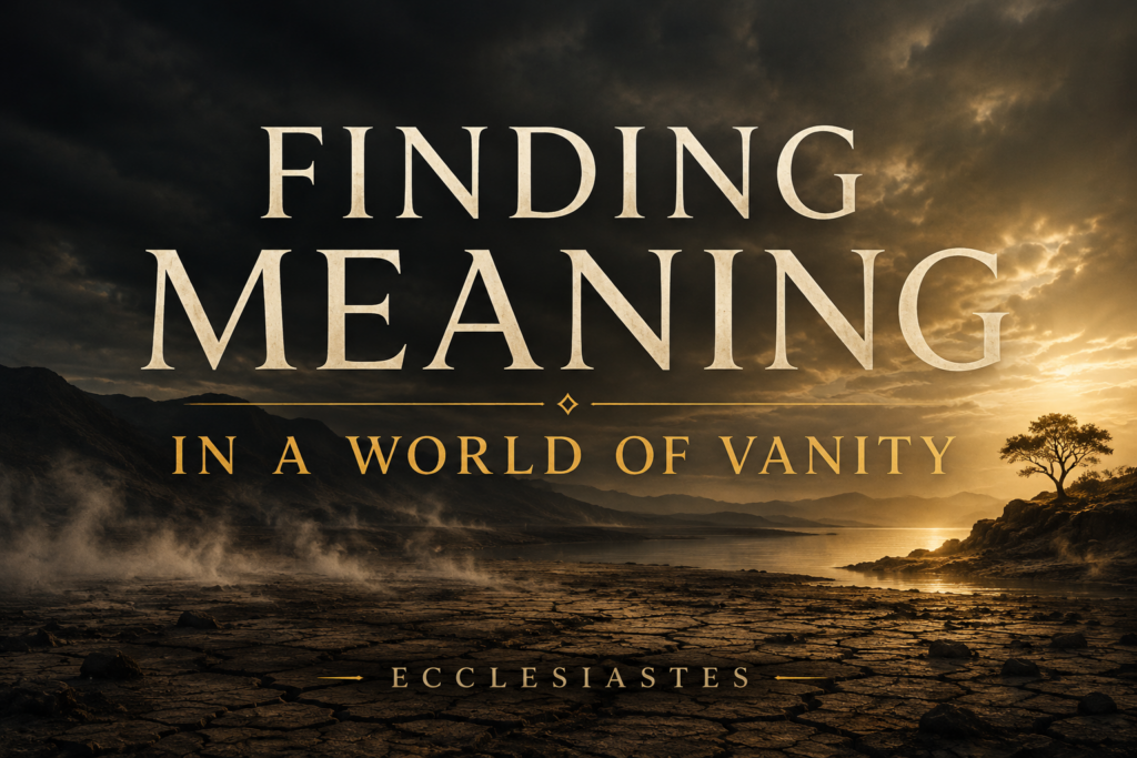 Ecclesiastes: Finding Meaning in a World of Vanity 1 Dark Ecclesiastes series graphic with cracked ground, drifting mist, distant mountains, and golden light beneath storm clouds, featuring the words “Finding Meaning in a World of Vanity.
