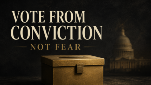 Gold ballot box beneath the words “Vote From Conviction, Not Fear,” with a dim U.S. Capitol silhouette on a dark charcoal background.