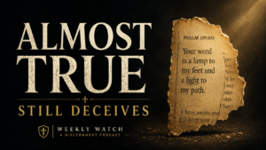 Biblical discernment illustration showing “Almost True, Still Deceives” beside a torn Bible page illuminated by golden light.