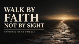 Stone path leading toward warm light beneath the words “Walk by Faith, Not by Sight.”