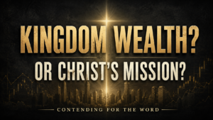 Gold cross-shaped light over a dark city skyline and financial charts with the text “Kingdom Wealth? Or Christ’s Mission?