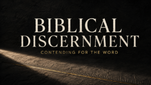“Biblical Discernment” in cream serif lettering above “Contending for the Word” in muted gold, set against a deep charcoal stone background with a gold-lit measuring rule.