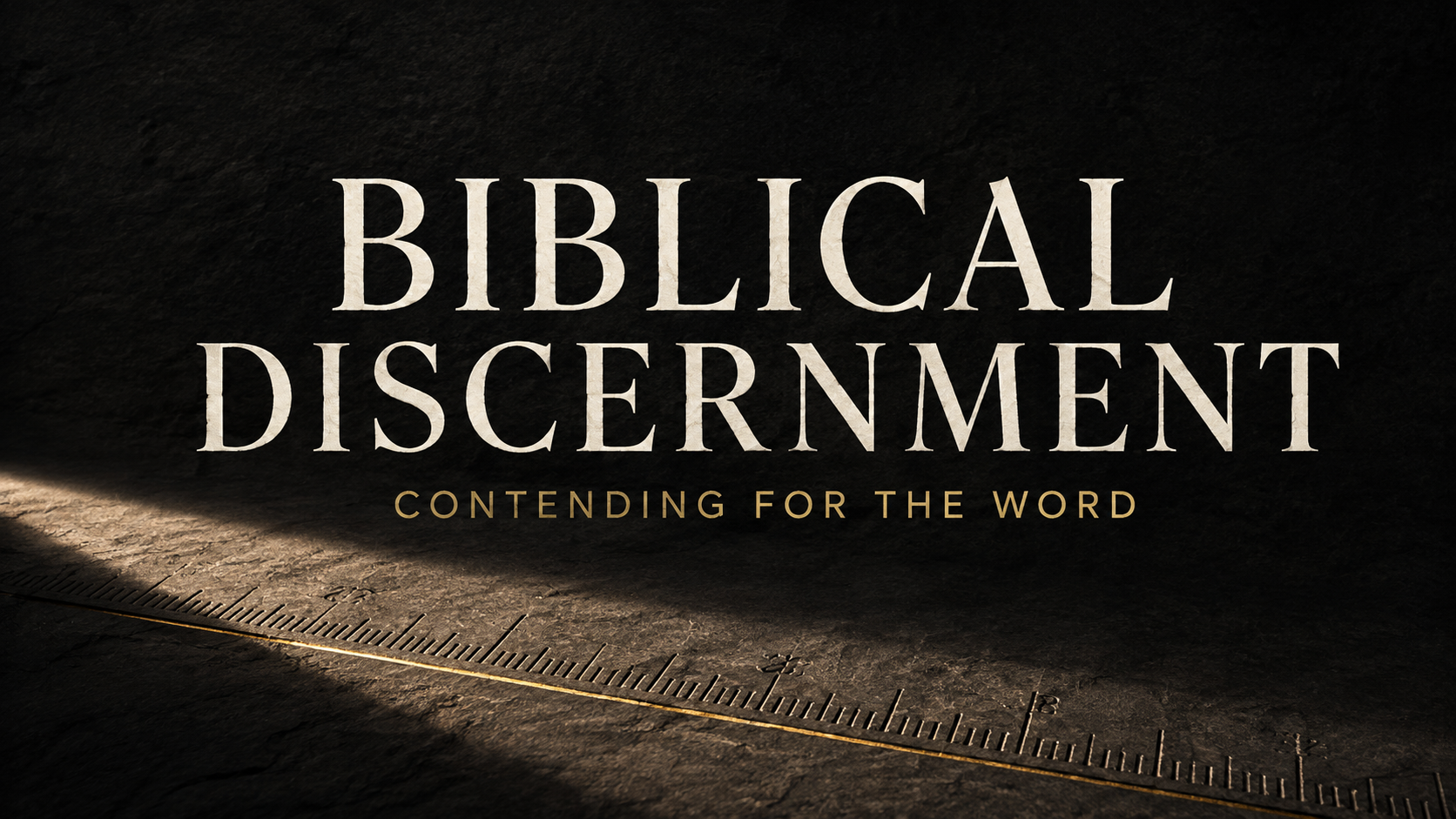 “Biblical Discernment” in cream serif lettering above “Contending for the Word” in muted gold, set against a deep charcoal stone background with a gold-lit measuring rule.