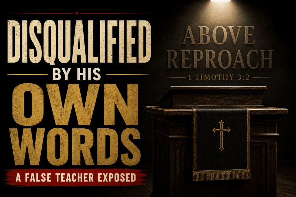 Jonathan Shuttlesworth’s Crude Joke Exposes the Heart of a False Teacher 4 Dark charcoal and muted gold thumbnail featuring an empty wooden pulpit beneath the words “Above Reproach,” with the headline “Disqualified by His Own Words.